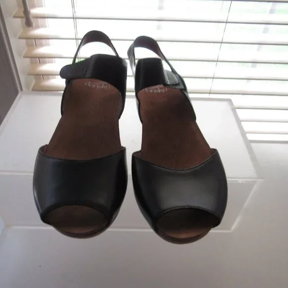 Dansko Vera Black Leather Peep-Toe Slingback Wedge Sandals Size 36 (US 5.5 - 6) - Picture 3 of 10